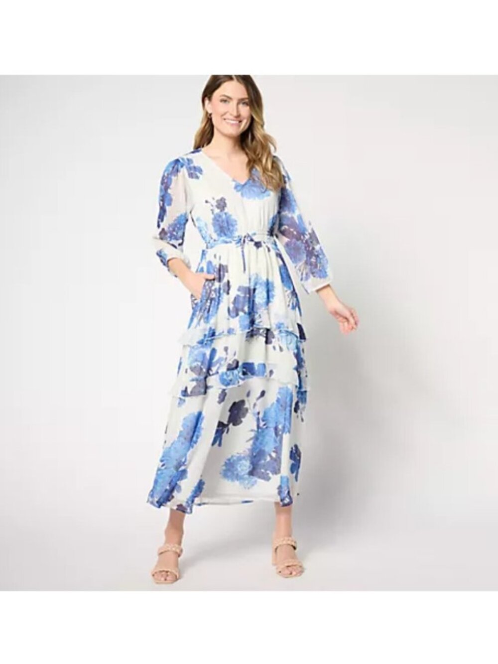 Destination 365 Dress Maxi sz PM Clip Dot Chiffon White Blue Floral A643233